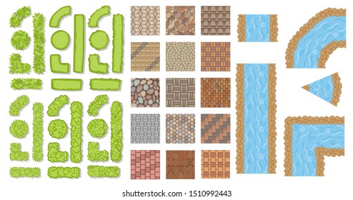 Set of park elements. (Top view) Collection for landscape design, plan, maps. (View from above) Green fence, stream, river, paving.