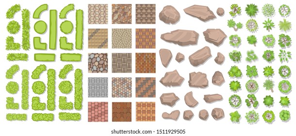 Set of park elements. (Top view) Collection for landscape design, plan, maps. (View from above) Paths, stones, green fences, bushes and trees.