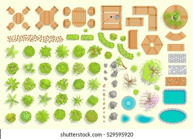 Set of park elements. (Top view)
Collection for landscape design, plan, maps. (View from above)