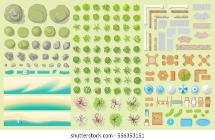 Set of park elements. (top view) 
Hills, rocks, stones, river, beach, trees, fences, paths, benches, furniture, umbrellas. (view from above) 