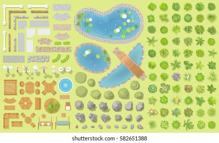 Set of park elements. (Top view) Collection for landscape design, plan, maps. (View from above) Fences, paths, lights, benches, tables, chairs, stones, ponds and trees.