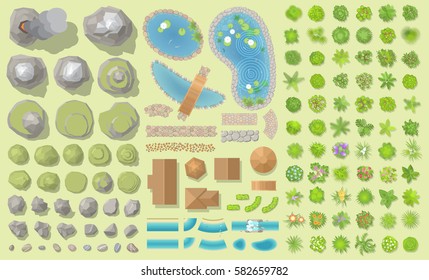 Set of park elements. (Top view) Collection for landscape design, plan, maps. (View from above)