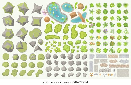 Set of park elements. (Top view) Collection for landscape design, plan, maps. (View from above) Hills, ponds, stones, plants, bushes, trees, paths, lanterns. 