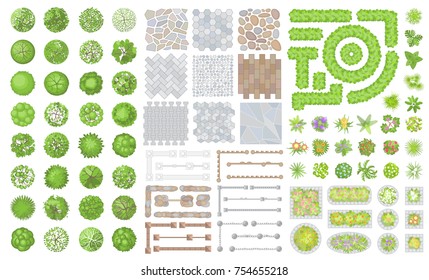 Set of park elements. (Top view) Collection for landscape design, plan, maps. (View from above) Fences, paths, flowers, flower beds and trees.