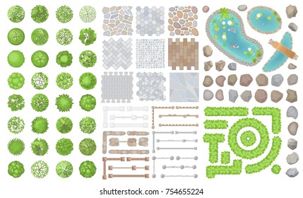 Set of park elements. (Top view) Collection for landscape design, plan, maps. (View from above) Fences, paths, stones, ponds and trees.