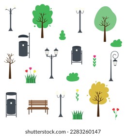 Set of park elements. Tree, wooden bench, bushes, street lamp and litter bin. Urban decor vector illustration