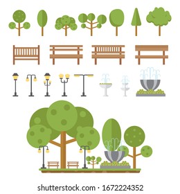 Set of park or garden decorations element for your design. Public park with trees, fountains, benches and street lamps in flat design. Vector illustration.