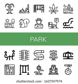 Set of park icons. Such as Fountain, Camping, Bumper car, Squirrel, Monkey bars, Ranger, Weed, Parking, Waterpark, Seesaw, Carousel, Inflatable, Swing, Slide, Park tower , park icons
