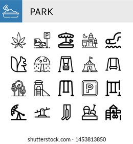 Set of park icons such as Sandbox, Weed, Parking, Camping, Waterpark, Squirrel, Water park, Swing, Circus tent, Park, Slide, Pendulum ride, Seesaw, Leotard, Playground ,