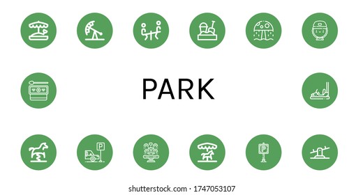 Set of park icons. Such as Sandbox, Pendulum ride, Seesaw, Water park, Skater, Spring swing horse, Parking, Fountain, Merry go round, Cottage, Bumper car , park icons