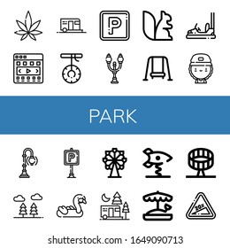 Set of park icons. Such as Weed, Carousel, Camping, Swing, Parking, Street lamp, Squirrel, Bumper car, Skater, Forest, Inflatable, Ferris wheel, Spring swing rocket , park icons