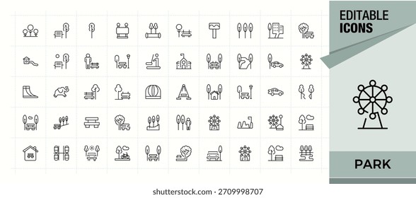 Conjunto de icono de línea de parque. Colección de iconos de contorno de paisaje. Colección de iconos web de línea simple. Icono de jardín. Arte vectorial e ilustración editables.