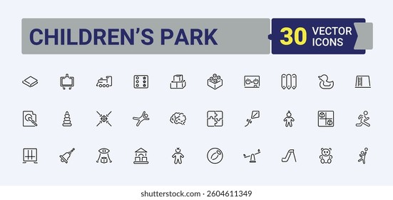Set of Children’s Park line icon. Related to area, park, kid, playground, amusement and more. Kid Playground related icon set. Vector icons collection. Pixel perfect. Vector illustration.