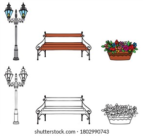 Set of park objects, a bench, a street lamp and flowers. Black and white, and colored set for card or gift. 
