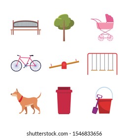 set of park objects and dog over white background, vector illustration