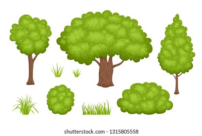 Set of park plants isolated on white background. Green trees, bushes and grass. Vector illustration in cartoon simple flat style.