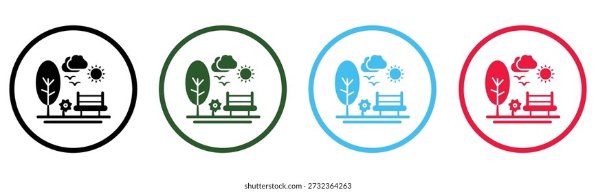 Conjunto de ícones de cena de parque com uma árvore, banco, sol, nuvens e pássaros para conceitos ao ar livre
