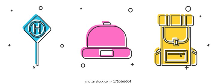 Set Parking, Beanie hat and Hiking backpack icon. Vector