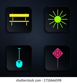 Set Parking, Bench, Shovel and Sun. Black square button. Vector