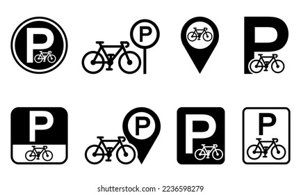 Set of parking bicycle vector signs. Place for bike. Area for cyclist. Vector icons.