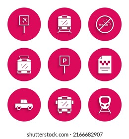 Set Parking, Bus, High-speed train, Taxi driver license, Car, Tram and railway, No Smoking and Airport icon. Vector