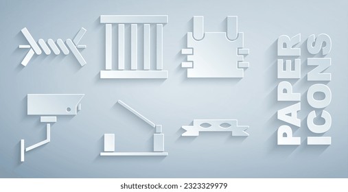 Set Parking car barrier, Bulletproof vest, Security camera, Thief eye mask, Prison window and Barbed wire icon. Vector