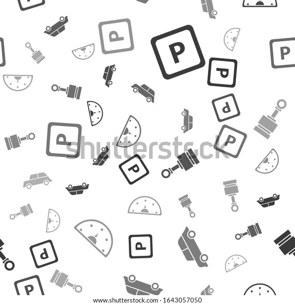 Set Parking, Car, Engine piston and Speedometer on\
seamless pattern. Vector