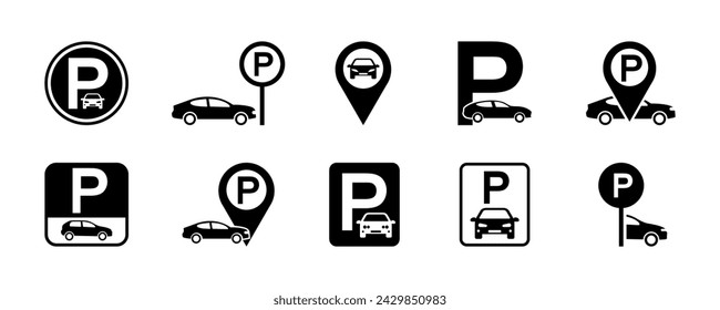 Set of parking car vector signs. Parking zone to auto. Park place or area to vehicle.