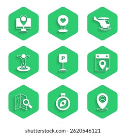 Set Parking, Compass, Location with person, Travel planning calendar, Search location, Helicopter and Monitor marker icon. Vector