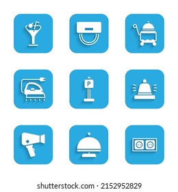 Set Parking, Covered with tray, Electrical outlet, Hotel service bell, Hair dryer, iron,  and Martini glass icon. Vector