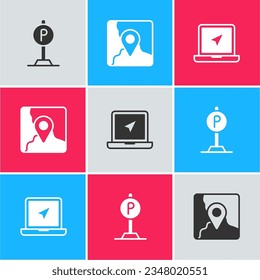 Set Parking, Folded map with location marker and Laptop icon. Vector