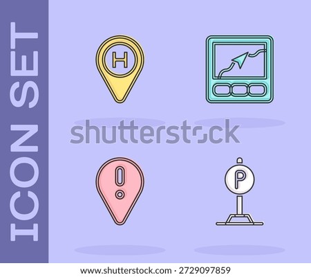 Set Parking, Helicopter landing pad, Location with exclamation mark and Gps device map icon. Vector