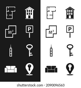 Set Parking, House plan, Skyscraper, key, Location and Sofa icon. Vector