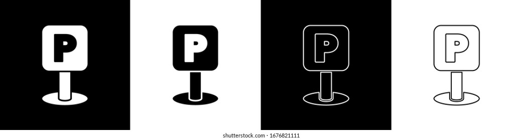 Ajuste el icono de estacionamiento aislado en fondo blanco y negro. Señal de calle.  Ilustración vectorial