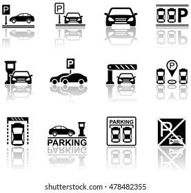 set of parking icons with mirror reflection