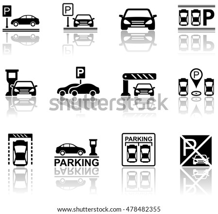 set of parking icons with mirror reflection