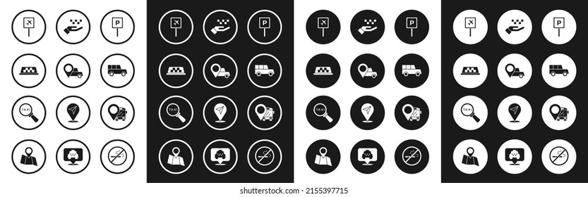 Set Parking, Location with taxi, Taxi car roof, Airport, Car, Hand, bus and Magnifying glass icon. Vector