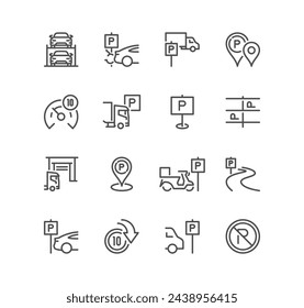 Set of parking related icons, parking garage, parking spaces, car park, paid, underground parking garage and linear variety vectors.