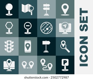 Set Parking, Search location, Monitor with marker, Road traffic sign, Stop, Push pin and Folded map icon. Vector