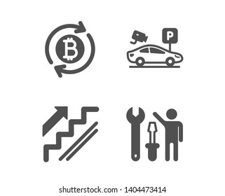Set of Parking security, Refresh bitcoin and Stairs icons. Repairman sign. Video camera, Update cryptocurrency, Stairway. Repair screwdriver.  Classic design parking security icon. Flat design. Vector