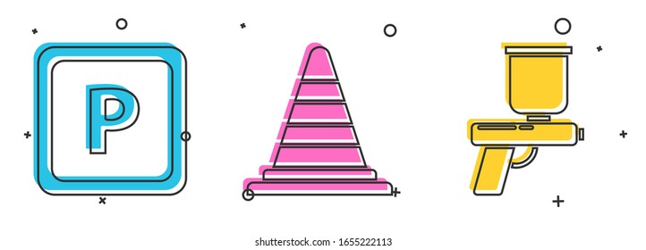 Ajuste el icono de estacionamiento, cono de tráfico y pistola de pintura. Vector