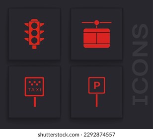Set Parking, Traffic light, Cable car and Road sign for taxi stand icon. Vector