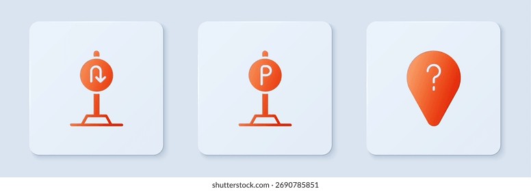 Estacionamiento establecido, señal de carretera de vuelta y punto de ruta desconocido. Botón cuadrado blanco. Vector
