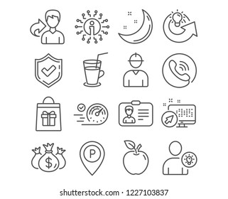 Set of Parking, User idea and Identification card icons. Holidays shopping, Check investment and Speedometer signs. Share idea, Engineer and Cocktail symbols. Park pointer, Light bulb, Parking vector