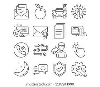 Set of Parking, Verified mail and Touchpoint icons. Online payment, Copy files and Approved mail signs. Customisation, Happy emotion and Survey progress symbols. Vector