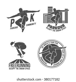 Set of Parkour icons, badges, logo, design elements. Free running, youth, sport and lifestyle concept. Tricks extreme sport people vector silhouette. City sport 