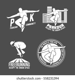 Set of Parkour icons, badges, logo, design elements. Free running, youth, sport and lifestyle concept