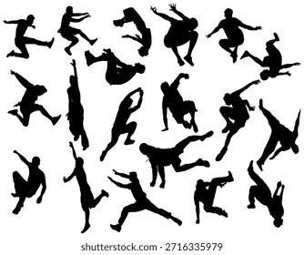 Conjunto de Ilustraciones vectoriales de silueta de parkour, aisladas sobre un fondo blanco.