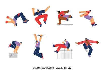 Set of parkouring characters flat style, vector illustration isolated on white background. Urban street sport, teenage lifestyle, happy people making tricks