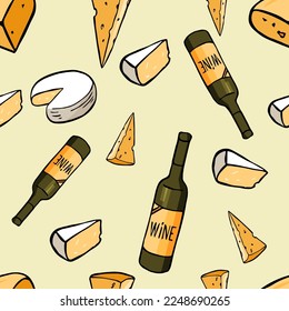 Conjunto de queso parmesano, gouda, camembert y vino. Patrón vectorial en un fondo amarillo. Ilustración aislada adecuada para el diseño, la decoración, la impresión, el arte, los manteles, la decoración, los textiles, los tejidos
